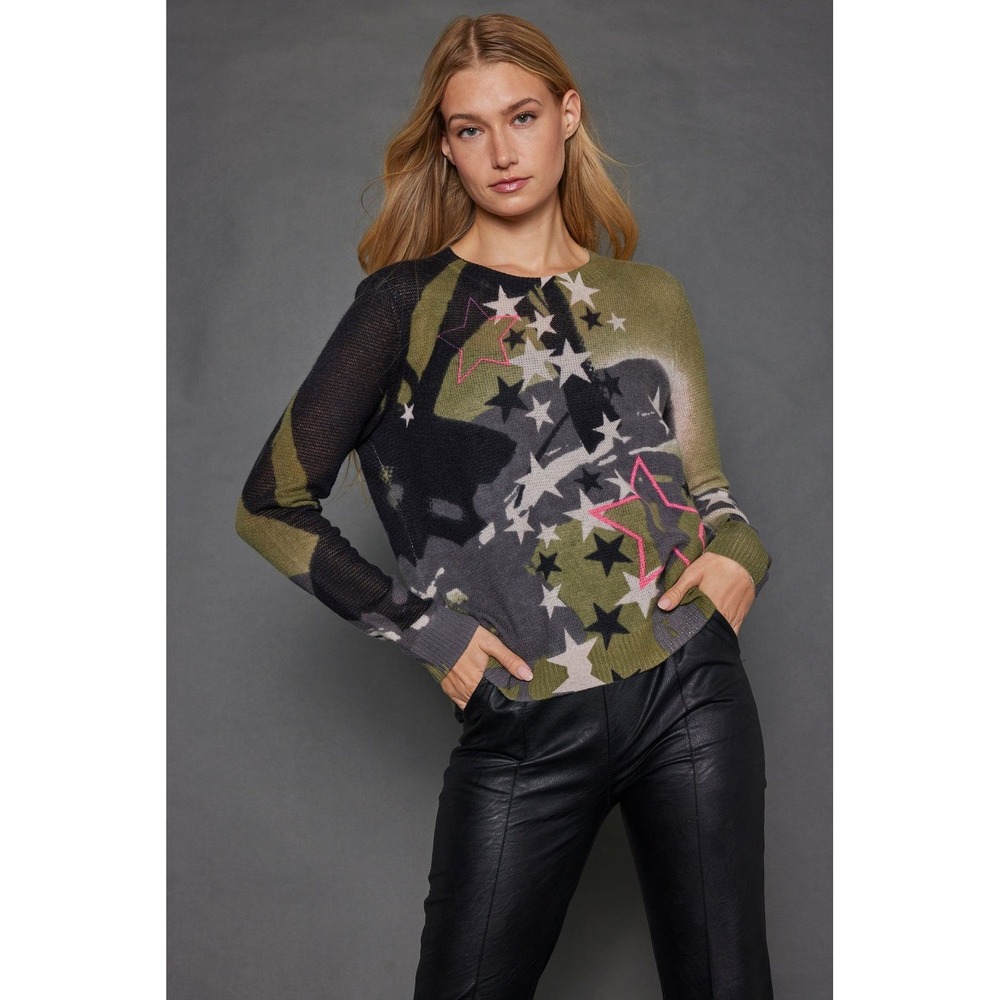 Lisa Todd Womens Star Camo Knit Crewneck Sweater Green Black Pink Small